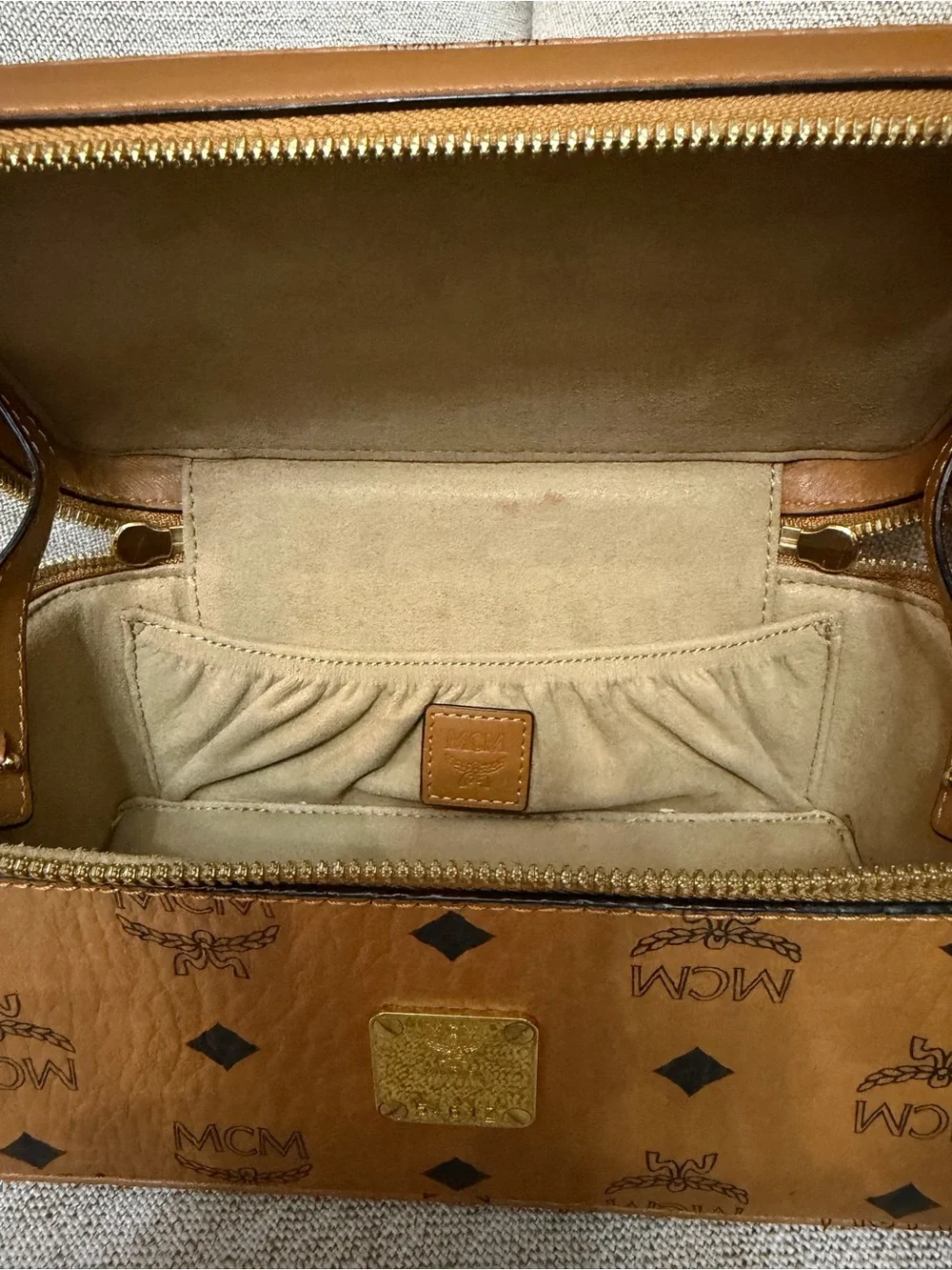 MCM Cognac Logo Visetos Leather Vanity Bag with Gold Hardware
